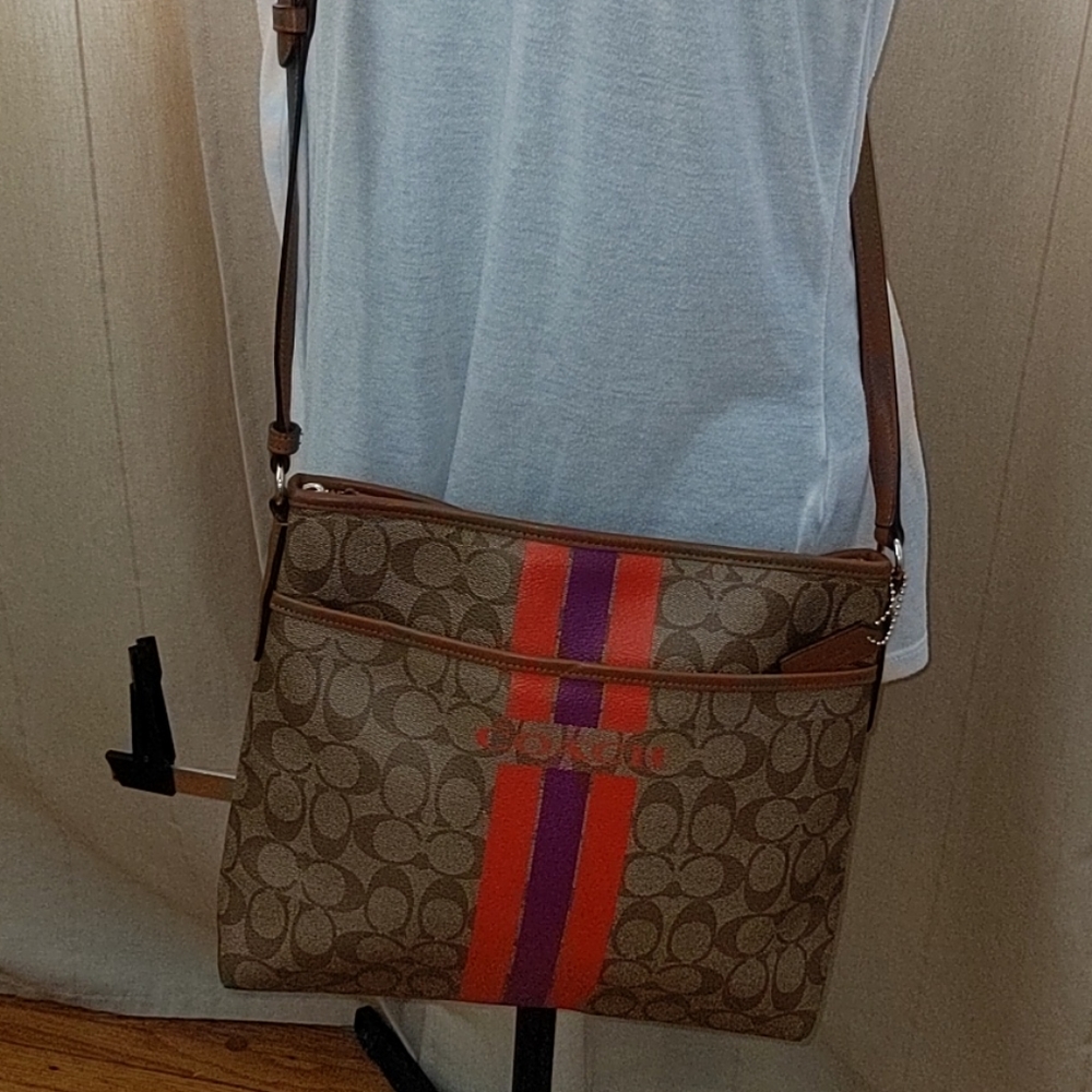 Tan, orange and dark pink Crossbody coach handbag